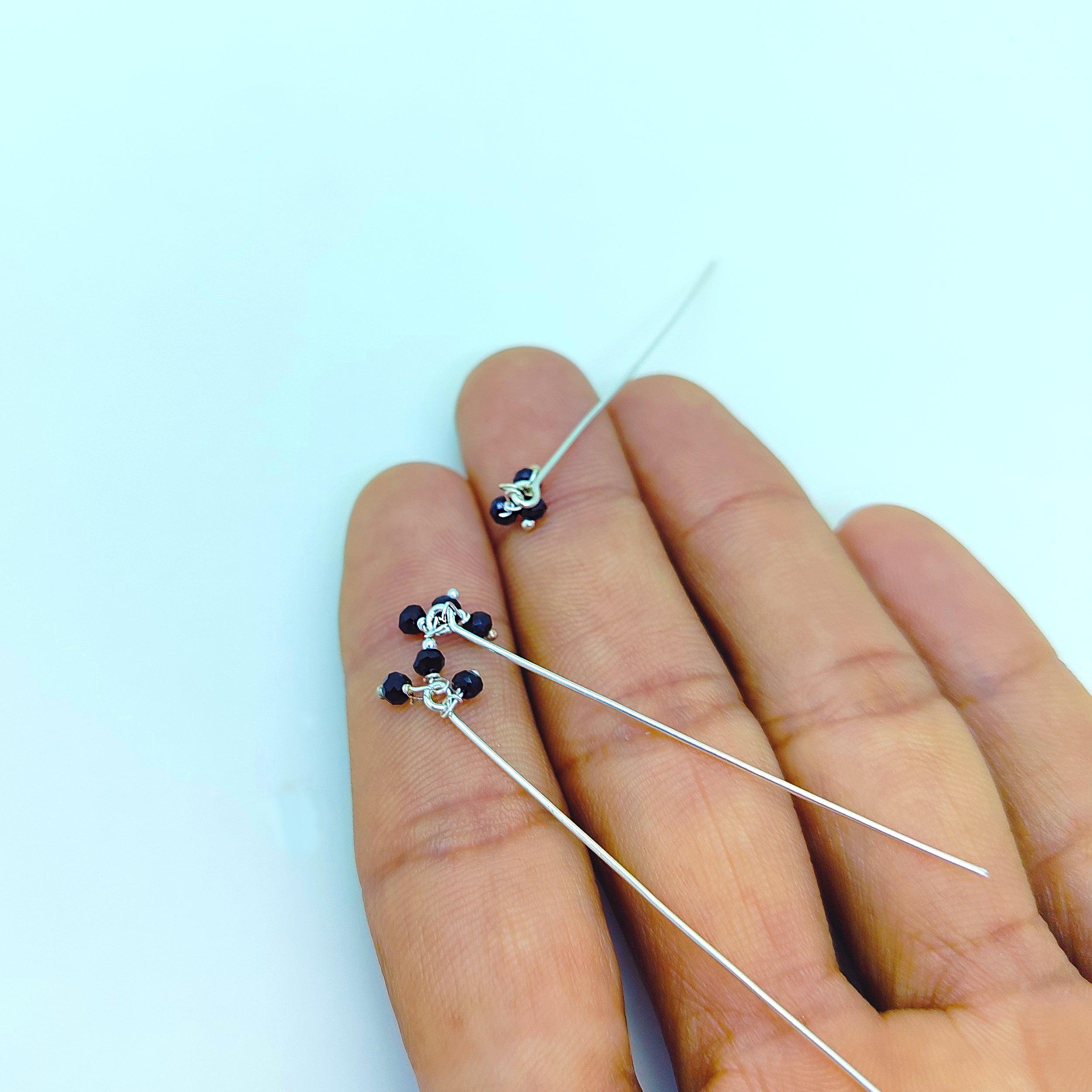 Handcrafted Silver Overlay India headpin with Black Crystal Quartz floral beads