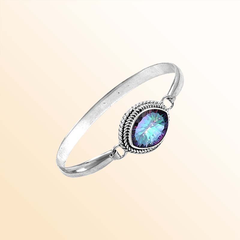 Sterling Silver Mystic Quartz Handcrafted Oval Rope-Frame Bali Bangle For Women