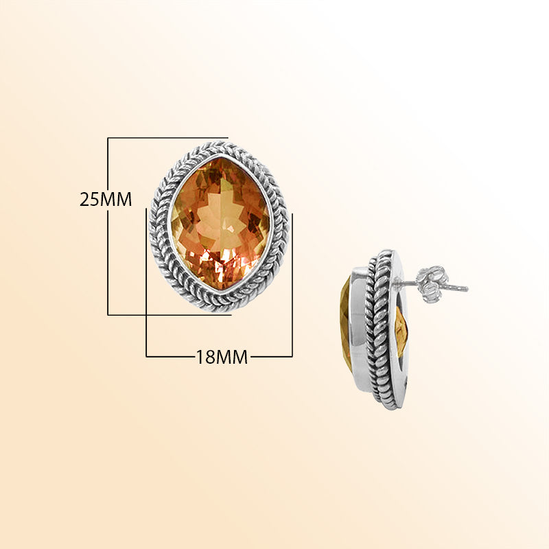 Artisan Sterling Silver Oval Citrine Quartz Stud Earrings With Rope Border