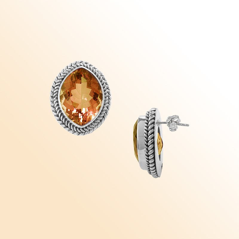 Artisan Sterling Silver Oval Citrine Quartz Stud Earrings With Rope Border