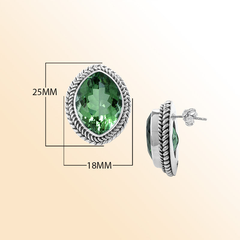 Artisan Sterling Silver Oval Green Quartz Stud Earrings With Rope Border