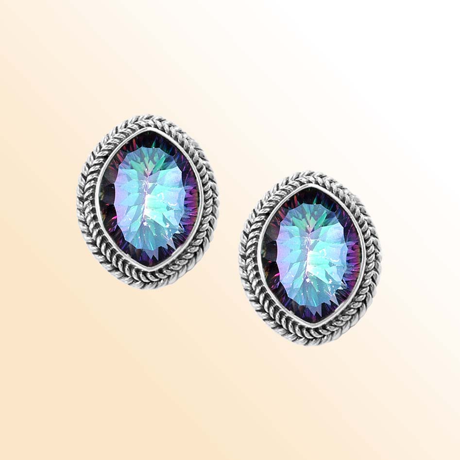 Artisan Sterling Silver Oval Mystic Quartz Stud Earrings With Rope Border