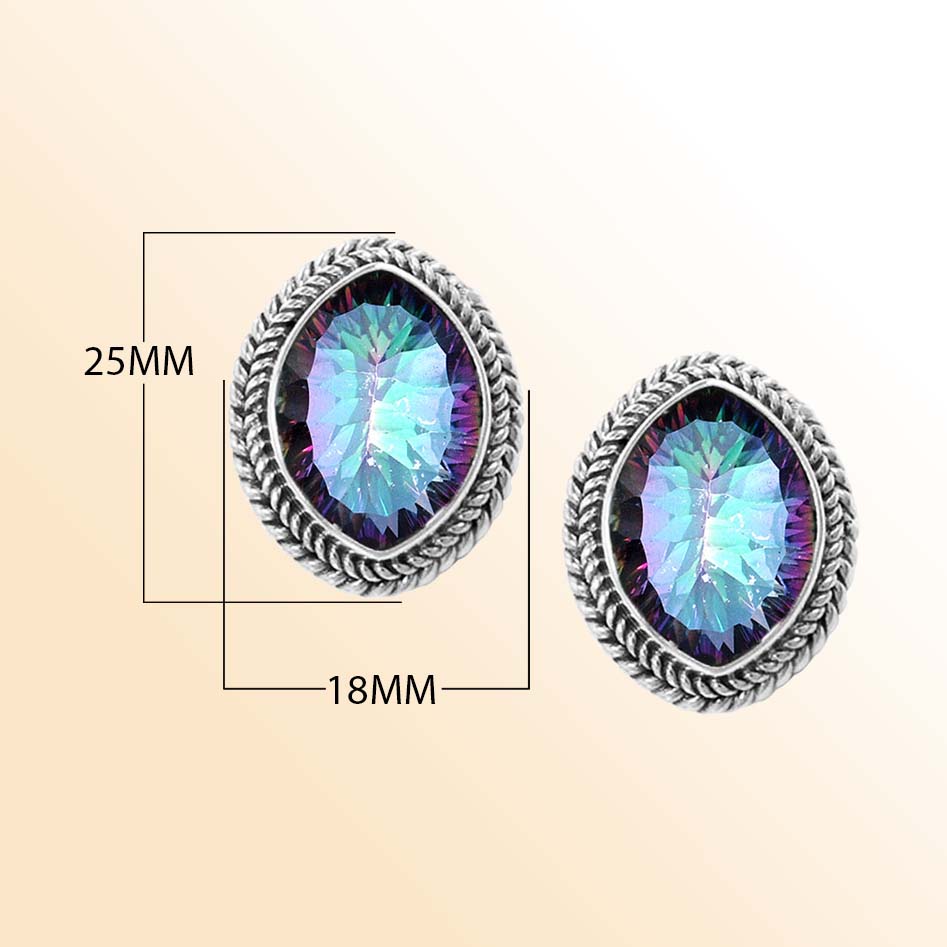 Artisan Sterling Silver Oval Mystic Quartz Stud Earrings With Rope Border