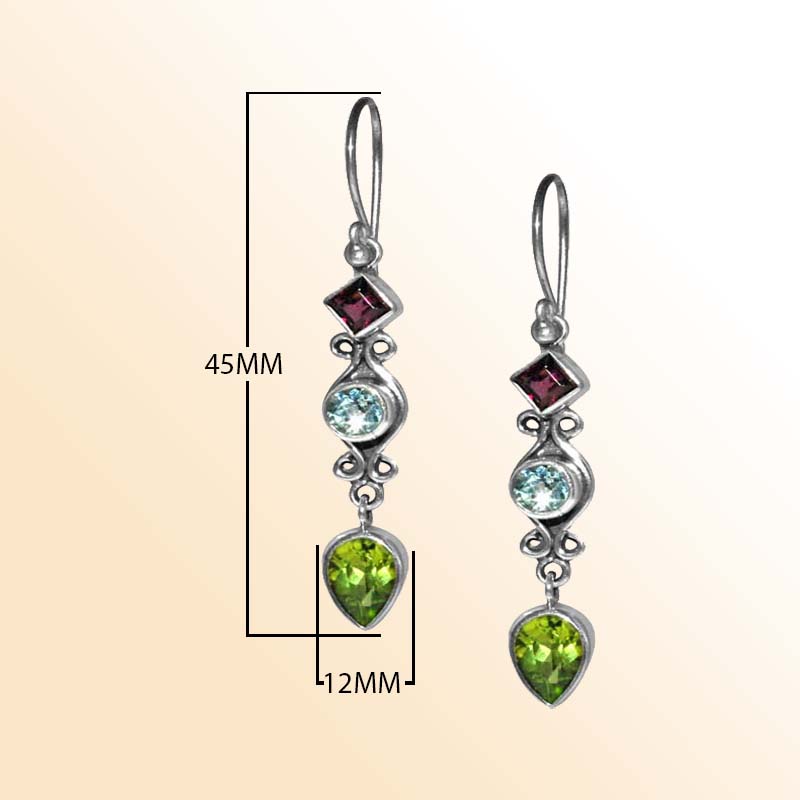 Artisan Sterling Silver Multi-Stone Dangle Earrings With Garnet Quartz Blue Topaz Quartz And Green Quartz