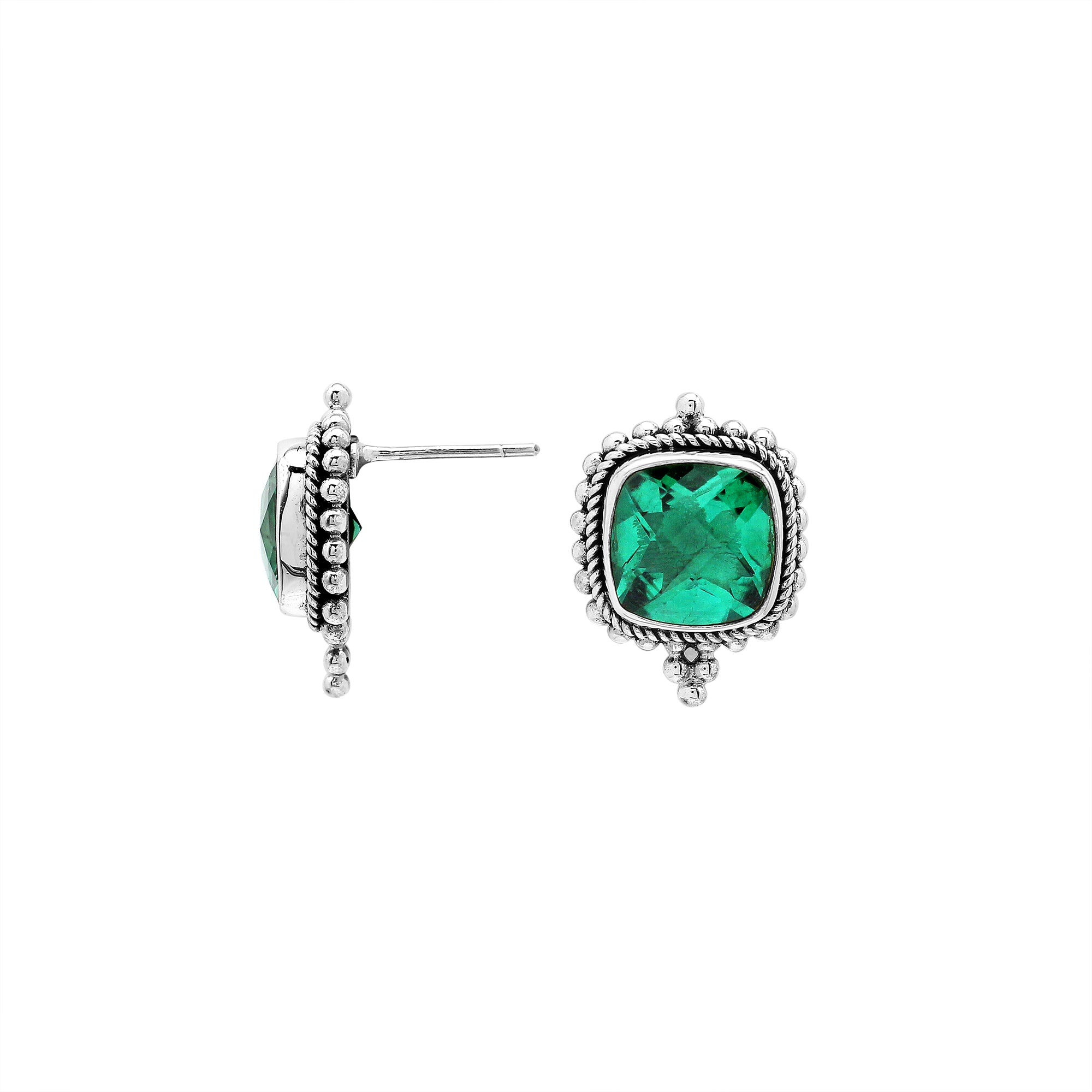 Sterling silver cushion stud earrings with sparkling green quartz, handcrafted Bali artisan jewelry for women.