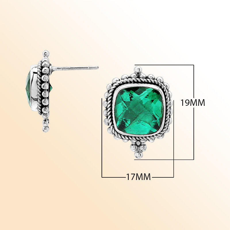 Sterling silver cushion stud earrings with sparkling green quartz, handcrafted Bali artisan jewelry for women.