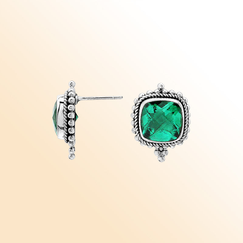 Sterling silver cushion stud earrings with sparkling green quartz, handcrafted Bali artisan jewelry for women.
