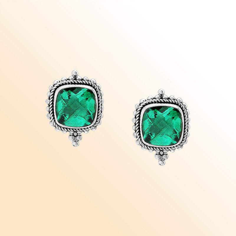 Sterling silver cushion stud earrings with sparkling green quartz, handcrafted Bali artisan jewelry for women.