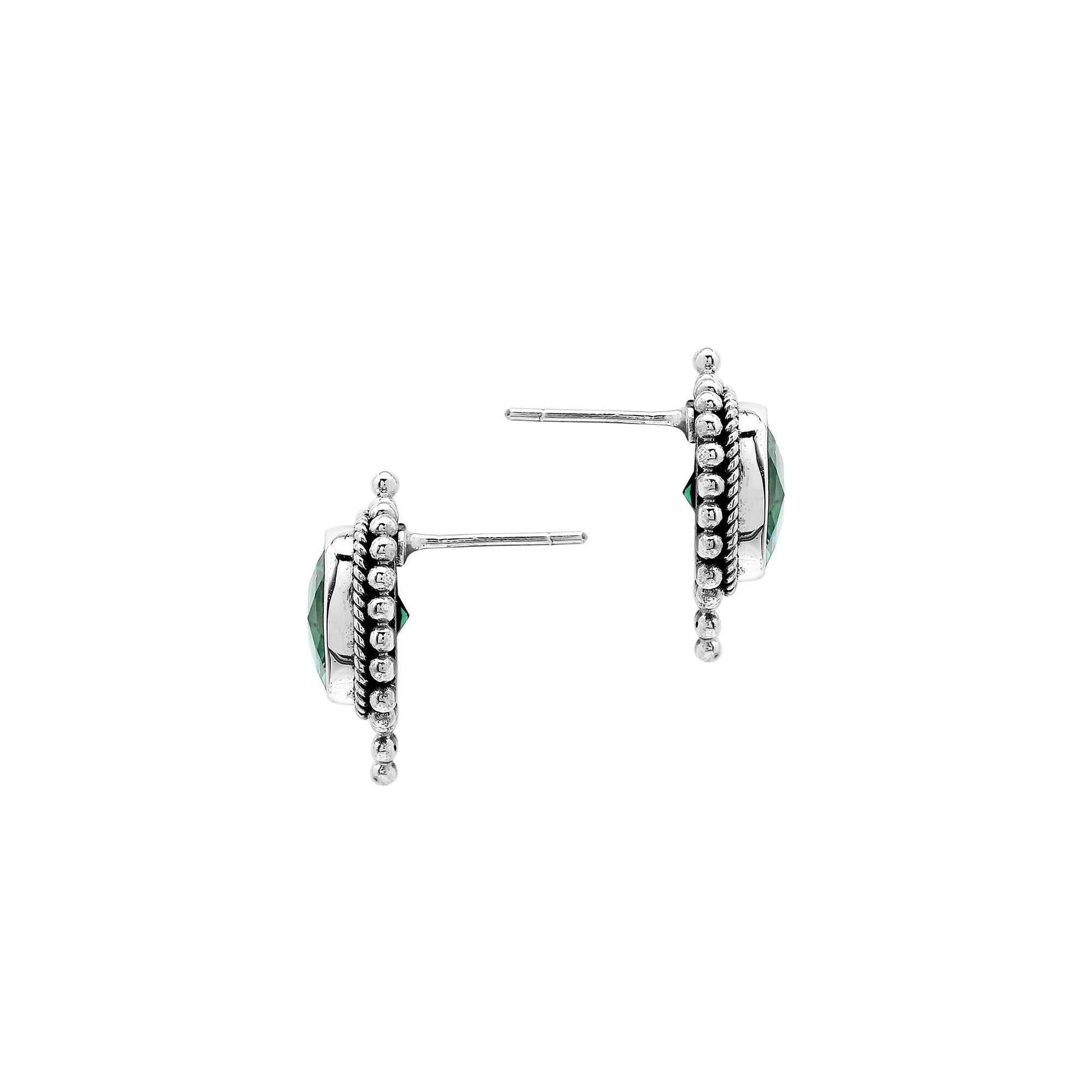 Sterling silver cushion stud earrings with sparkling green quartz, handcrafted Bali artisan jewelry for women.