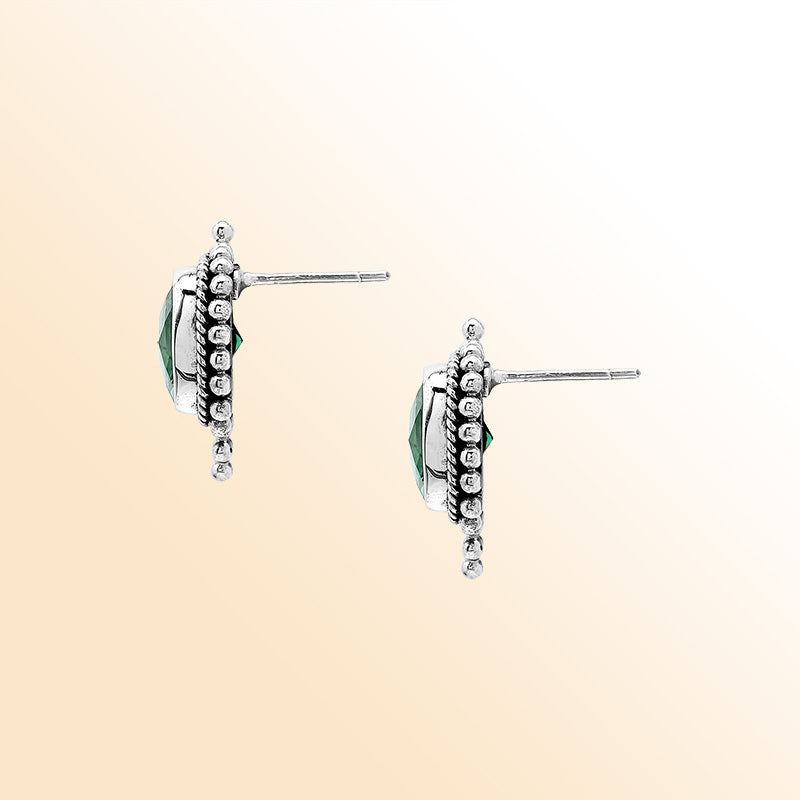 Sterling silver cushion stud earrings with sparkling green quartz, handcrafted Bali artisan jewelry for women.