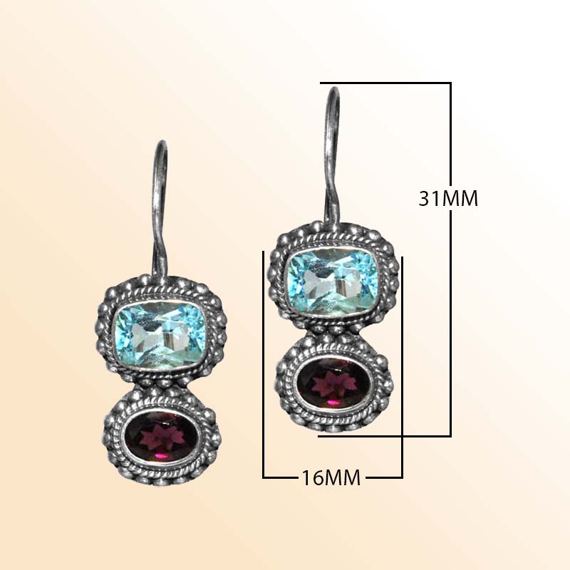 Handcrafted Sterling Silver Blue Topaz Quartz Garnet Quartz Vintage Drop Earrings