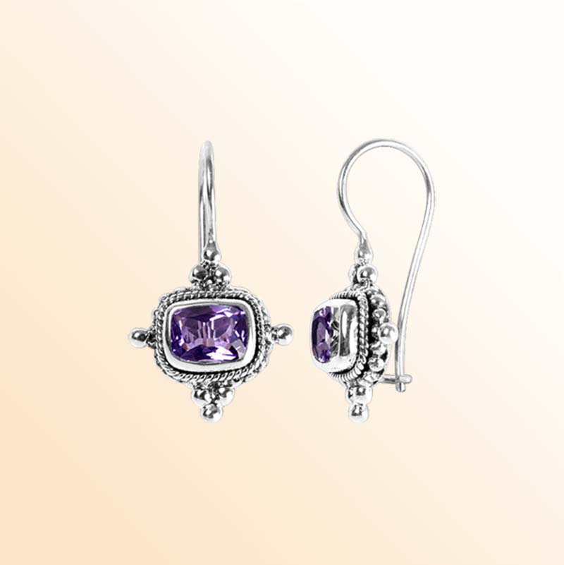 Handcrafted Sterling Silver Amethyst Quartz Cushion Rope Artisan Earrings