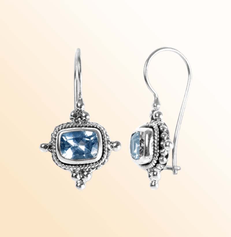 Handcrafted Sterling Silver Blue Topaz Quartz Cushion Rope Artisan Earrings
