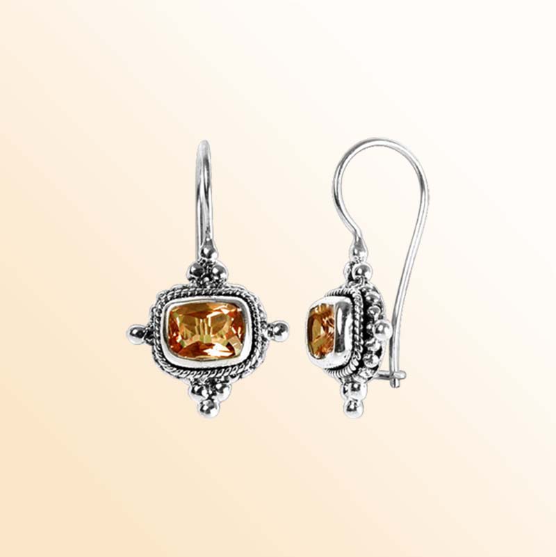 Handcrafted Sterling Silver Citrine Quartz Cushion Rope Artisan Earrings