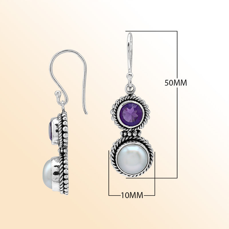 Handcrafted Sterling Silver Amethyst Quartz White Pearl Dual-Stone Rope Artisan Earrings