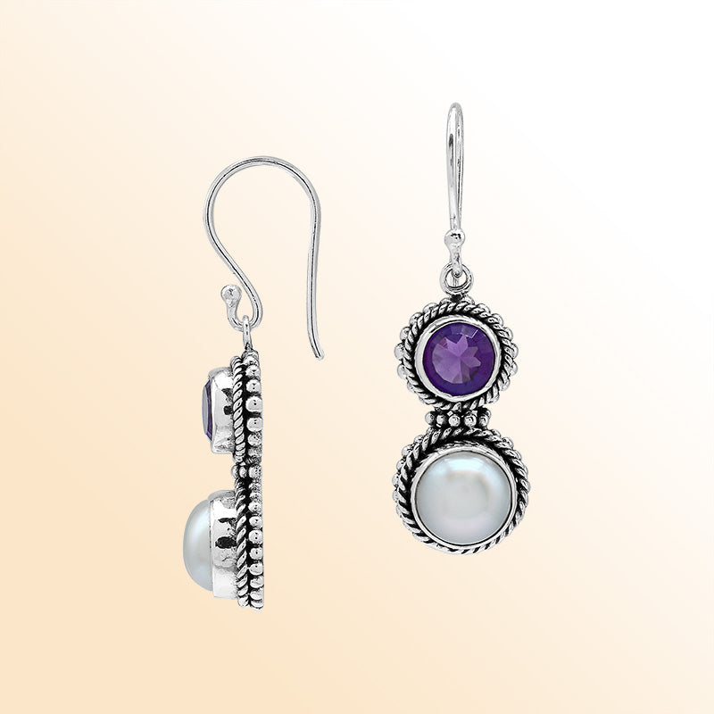 Handcrafted Sterling Silver Amethyst Quartz White Pearl Dual-Stone Rope Artisan Earrings