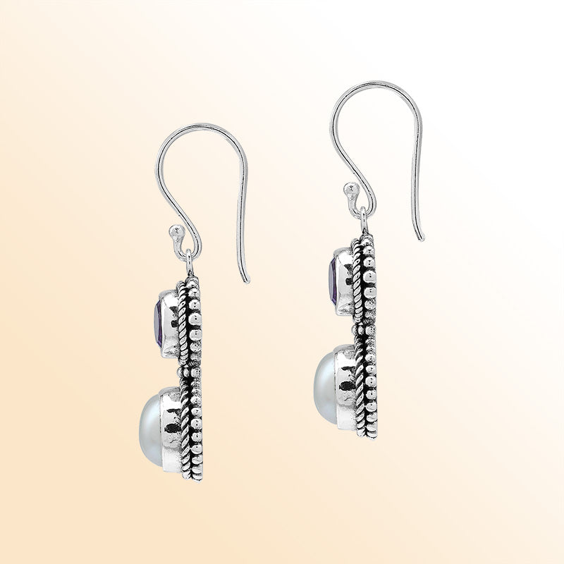 Handcrafted Sterling Silver Amethyst Quartz White Pearl Dual-Stone Rope Artisan Earrings