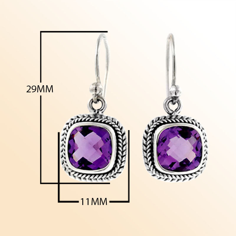 Handcrafted sterling silver amethyst quartz dangle earrings with cushion cut stone and rope detailing made in Bali.