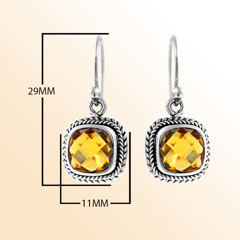 Handcrafted sterling silver dangle earrings with cushion cut citrine quartz and rope detailing made in Bali.