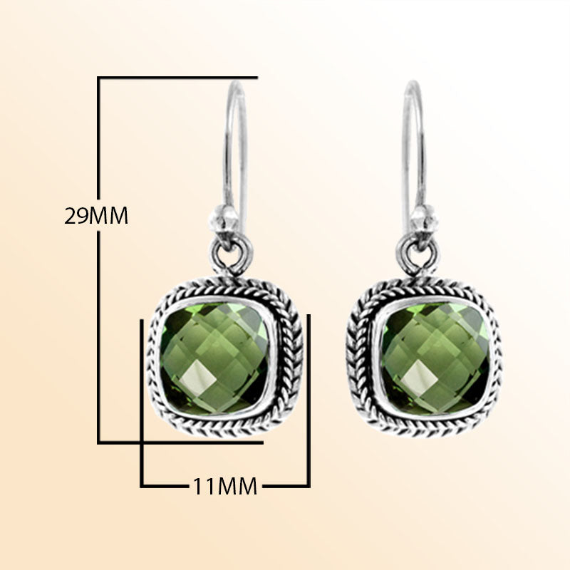Elegant Sterling Silver Green Amethyst Quartz Cushion Earrings With Artistic Rope Pattern And Polished Earwire Finish