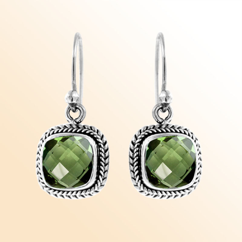Elegant Sterling Silver Green Amethyst Quartz Cushion Earrings With Artistic Rope Pattern And Polished Earwire Finish