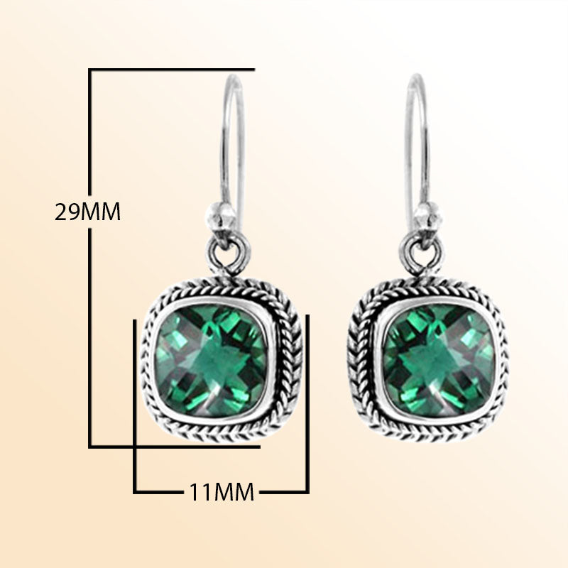 Sterling silver cushion drop earrings featuring green quartz stones with rope-textured detailing handcrafted in Bali.