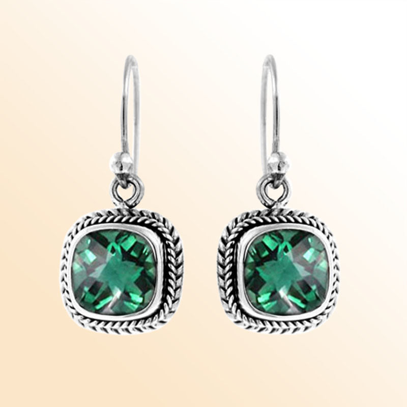 Sterling silver cushion drop earrings featuring green quartz stones with rope-textured detailing handcrafted in Bali.