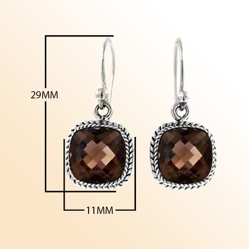 Handcrafted Sterling Silver Smoky  Quartz Faceted Cushion Rope Artisan Earrings