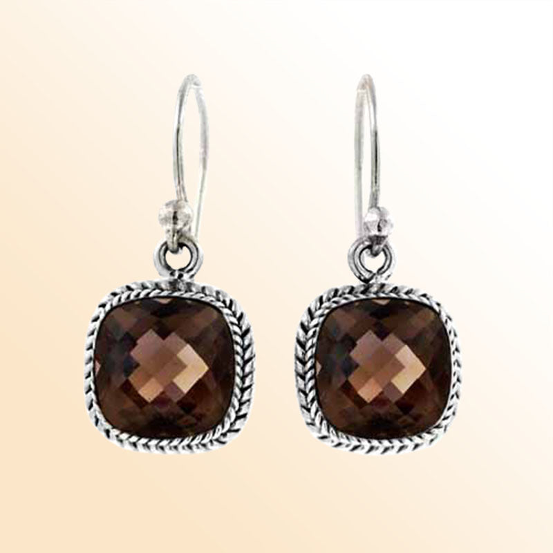 Handcrafted Sterling Silver Smoky  Quartz Faceted Cushion Rope Artisan Earrings