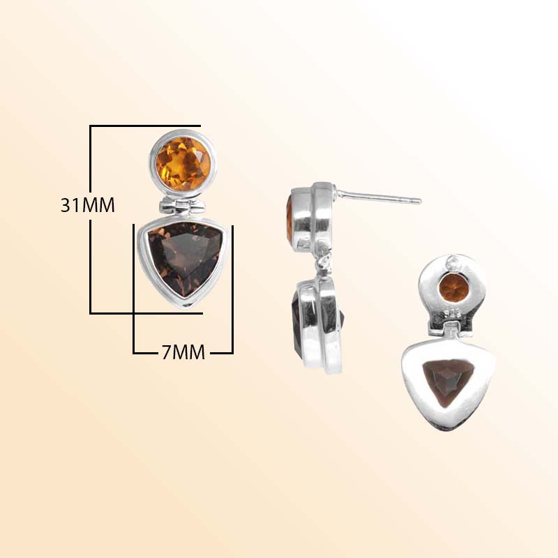Handcrafted Sterling Silver Citrine Quartz Smoky Quartz Geometric Artisan Earrings