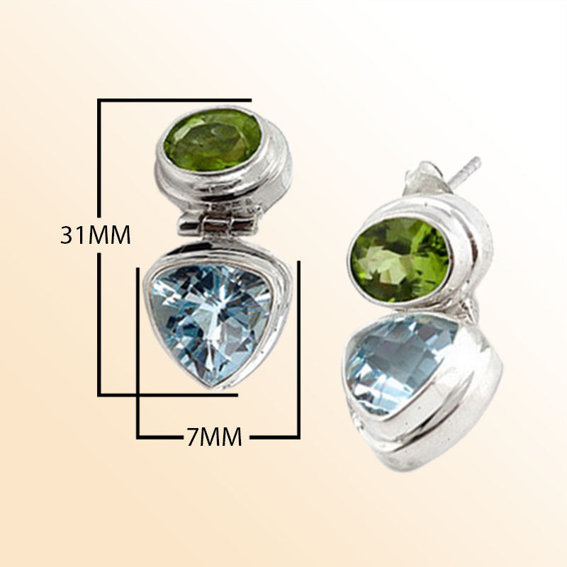 Handcrafted Sterling Silver Peridot Quartz Blue Topaz Quartz Geometric Artisan Earrings