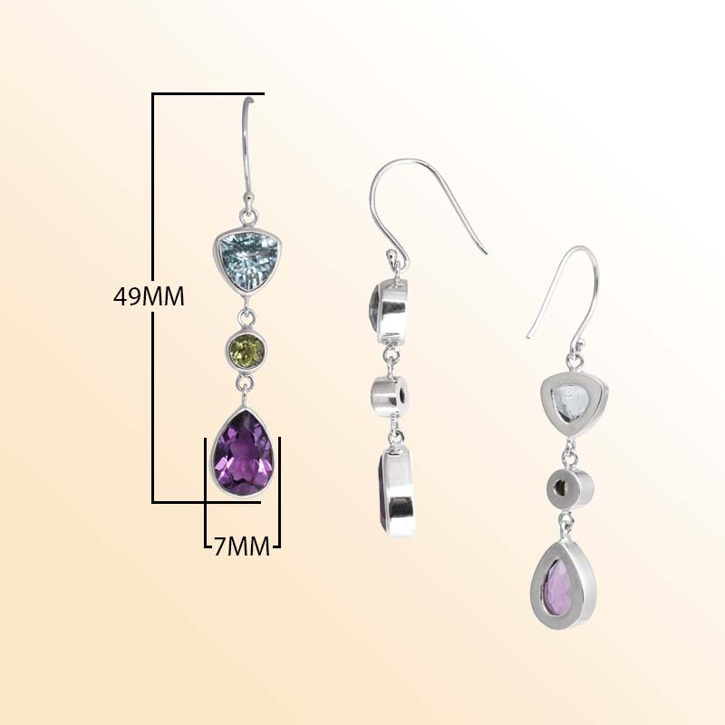 Handcrafted Sterling Silver Blue Topaz Quartz Peridot Quartz Amethyst Quartz Linear Artisan Earrings