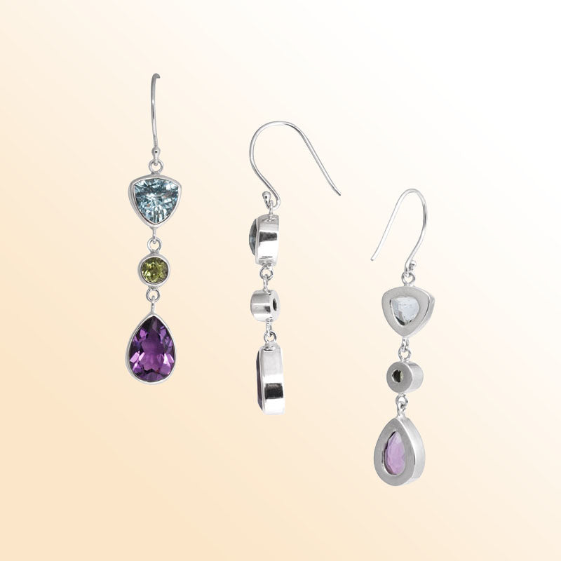Handcrafted Sterling Silver Blue Topaz Quartz Peridot Quartz Amethyst Quartz Linear Artisan Earrings
