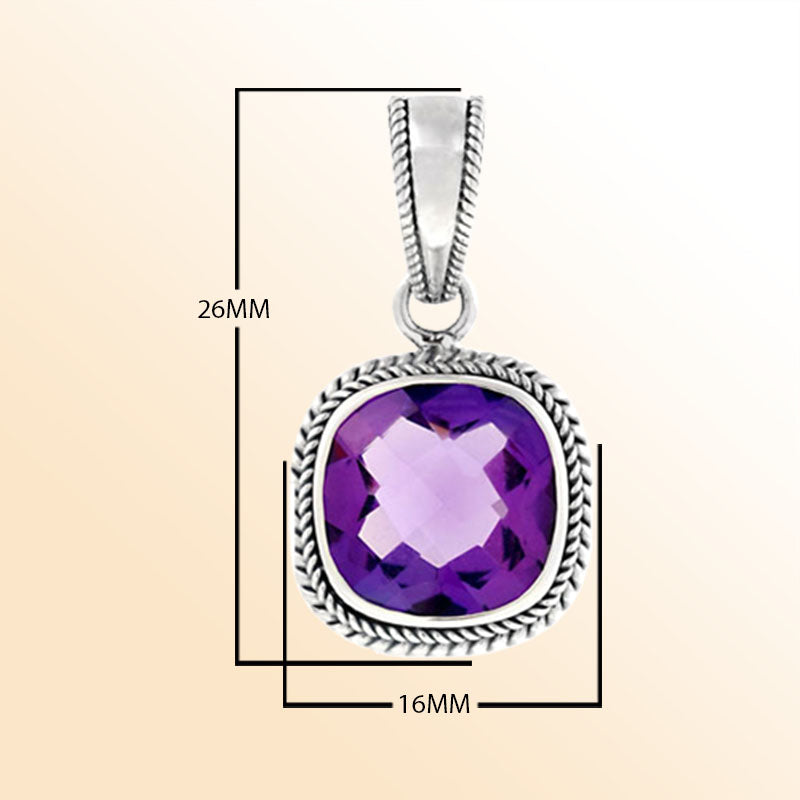 Handcrafted Sterling Silver Amethyst Quartz Faceted Cushion Rope Artisan Pendant