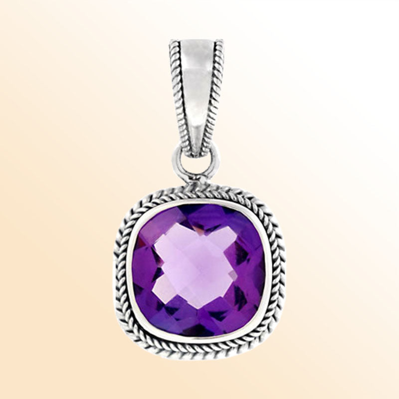 Handcrafted Sterling Silver Amethyst Quartz Faceted Cushion Rope Artisan Pendant