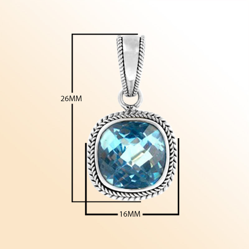 Handcrafted Sterling Silver Blue Topaz Quartz Faceted Cushion Rope Artisan Pendant