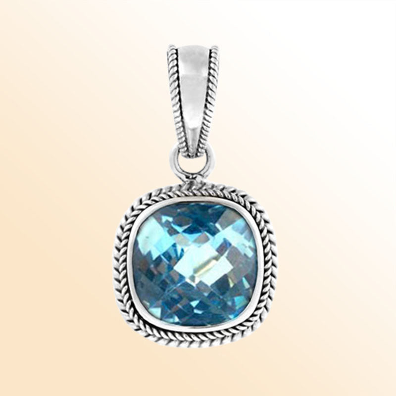 Handcrafted Sterling Silver Blue Topaz Quartz Faceted Cushion Rope Artisan Pendant