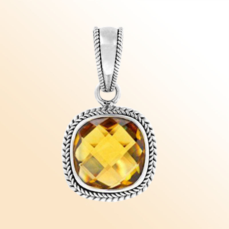 Handcrafted Sterling Silver Citrine Quartz Faceted Cushion Rope Artisan Pendant