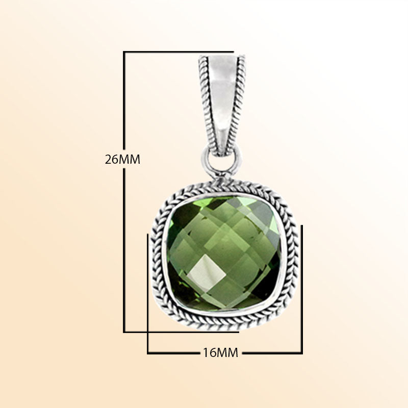 Handcrafted Sterling Silver Green Amethyst Quartz Faceted Cushion Rope Artisan Pendant