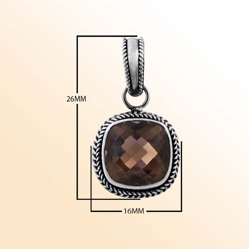 Handcrafted Sterling Silver Smoky Topaz Quartz Faceted Cushion Rope Artisan Pendant