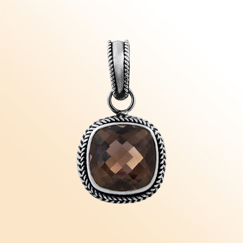 Handcrafted Sterling Silver Smoky Topaz Quartz Faceted Cushion Rope Artisan Pendant