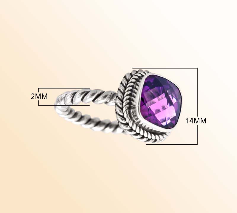 Artisan Sterling Silver Bali Ring With Amethyst Quartz Cushion Center