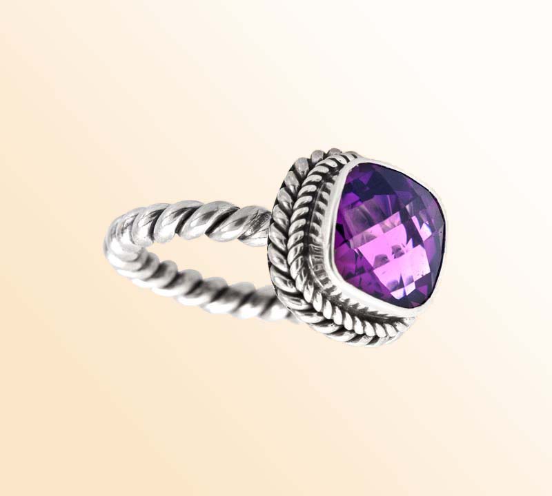 Artisan Sterling Silver Bali Ring With Amethyst Quartz Cushion Center
