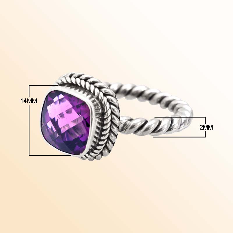 Artisan Sterling Silver Bali Ring With Amethyst Quartz Cushion Center
