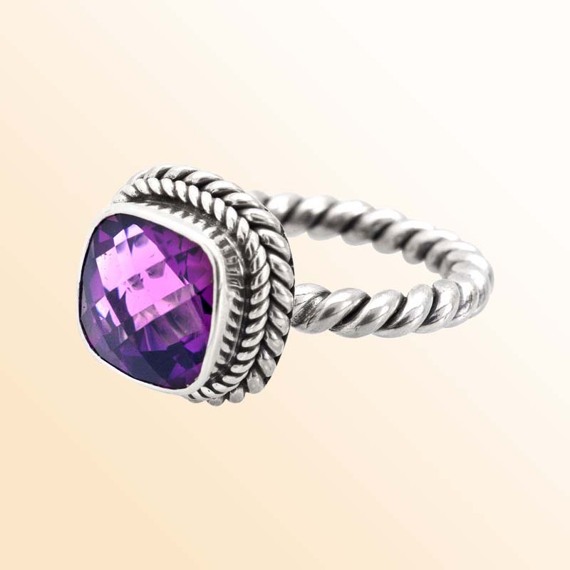 Artisan Sterling Silver Bali Ring With Amethyst Quartz Cushion Center