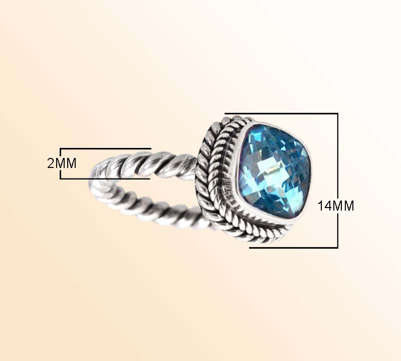 Artisan Sterling Silver Bali Ring With Blue Topaz Quartz Cushion Center
