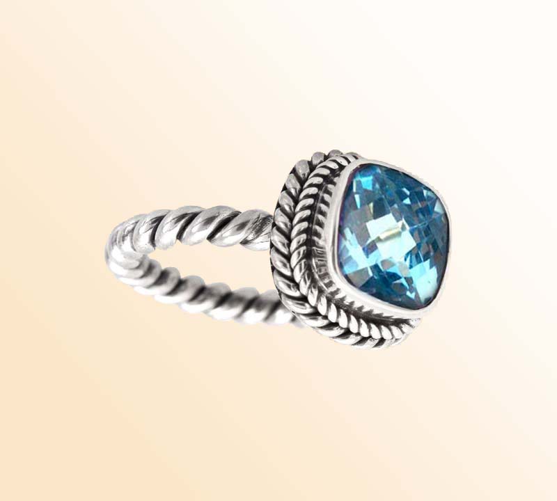 Artisan Sterling Silver Bali Ring With Blue Topaz Quartz Cushion Center