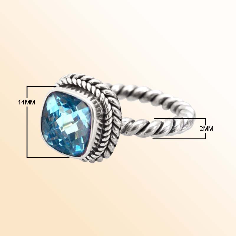 Artisan Sterling Silver Bali Ring With Blue Topaz Quartz Cushion Center