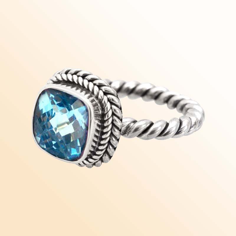 Artisan Sterling Silver Bali Ring With Blue Topaz Quartz Cushion Center