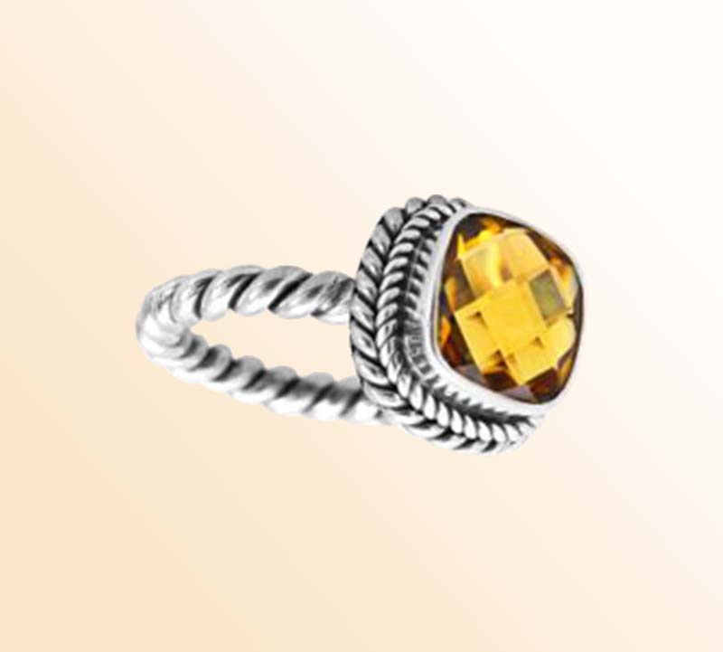 Artisan Sterling Silver Bali Ring With Citrine Quartz Cushion Center
